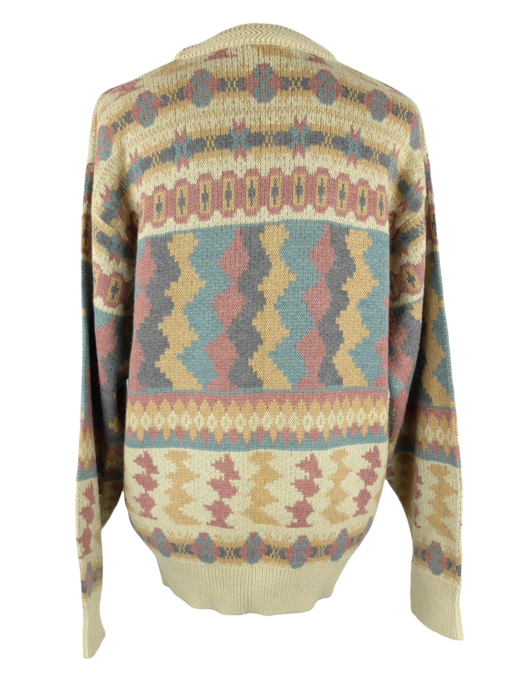 Vintage 80s Mens Wool Blend Bohemian Hippie Tan Multicoloured Abstract Patterned Knit Pullover Sweater Jumper | Size M