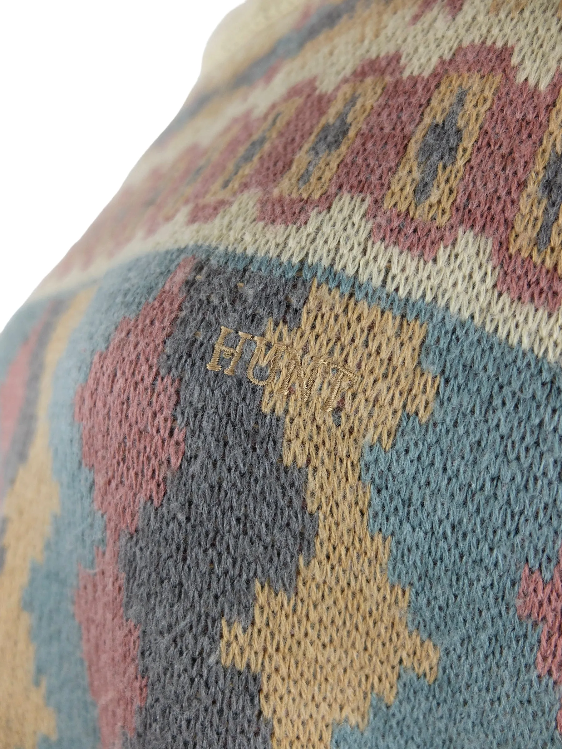 Vintage 80s Mens Wool Blend Bohemian Hippie Tan Multicoloured Abstract Patterned Knit Pullover Sweater Jumper | Size M