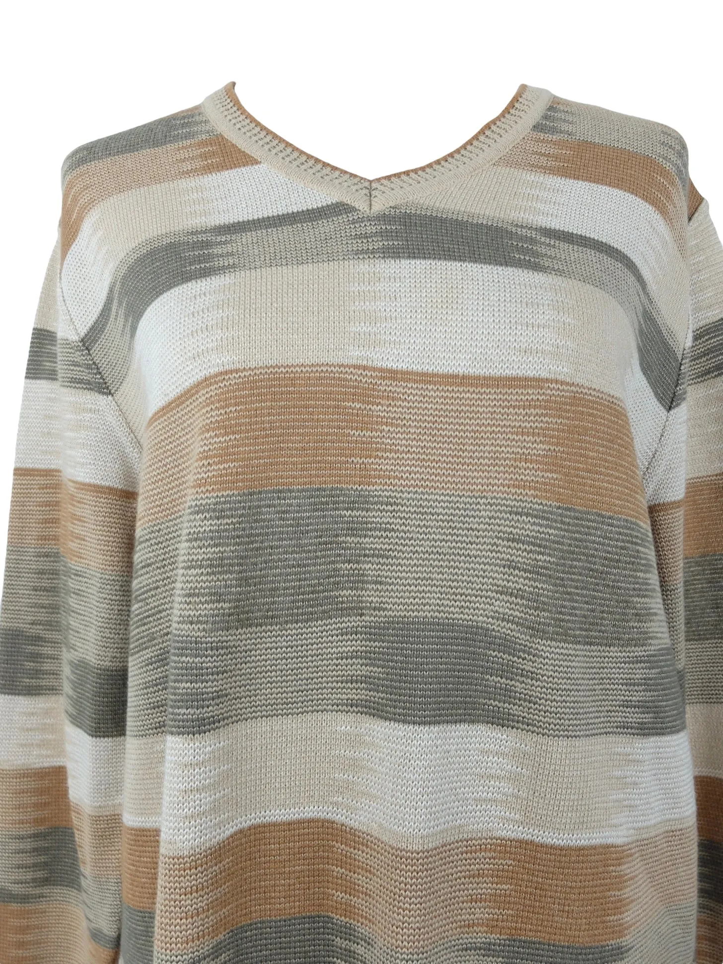Vintage 90s Bohemian Hippie Abstract Neutral Tones Beige & Khaki Green Striped Knit V-Neck Pullover Sweater Jumper | Women’s Size M