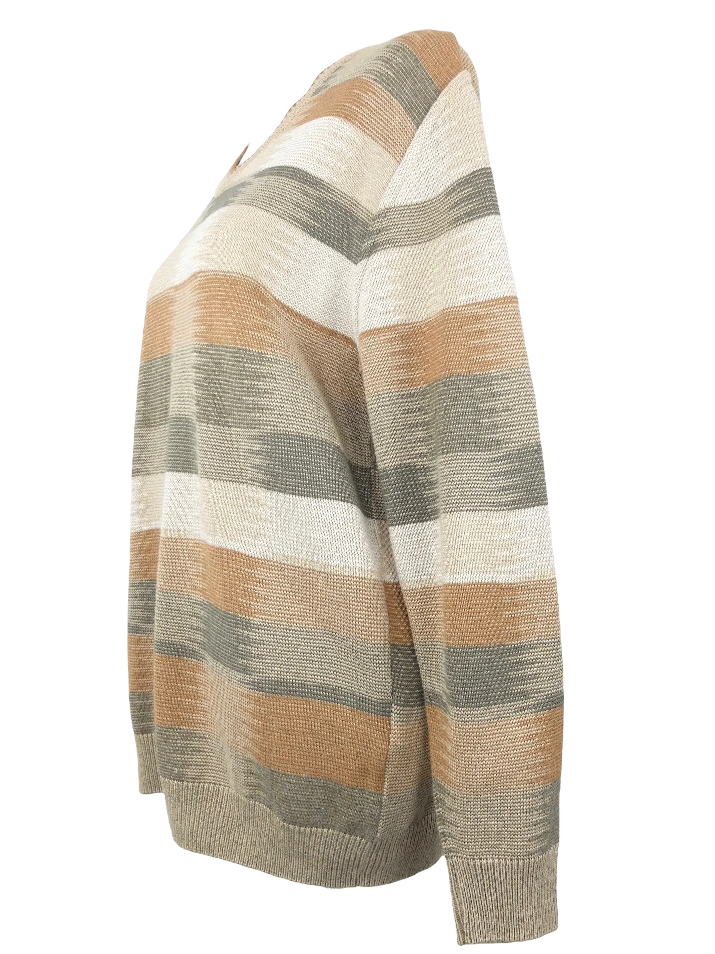 Vintage 90s Bohemian Hippie Abstract Neutral Tones Beige & Khaki Green Striped Knit V-Neck Pullover Sweater Jumper | Women’s Size M