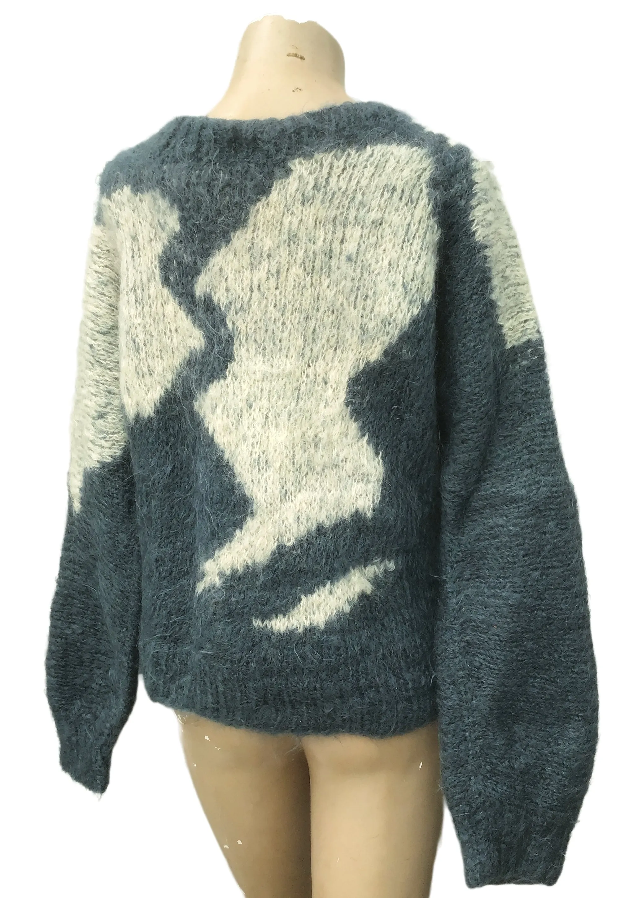 Vintage Oversized Hand Knit Blue Grey White Mohair Jumper