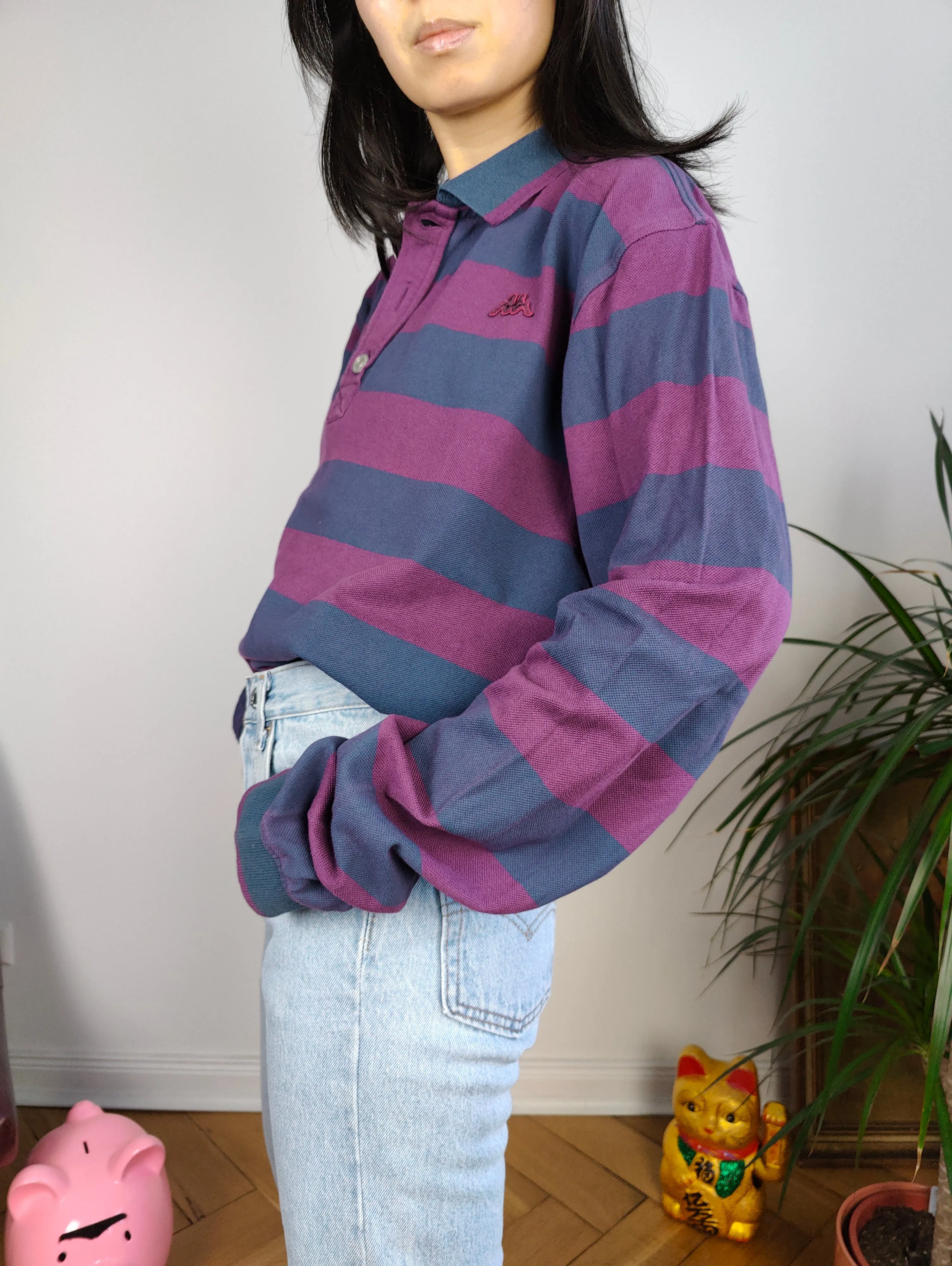 Vintage Robe di Kappa polo shirt long sleeve purple blue stripe pattern rugby sweatshirt women unisex men L-XL