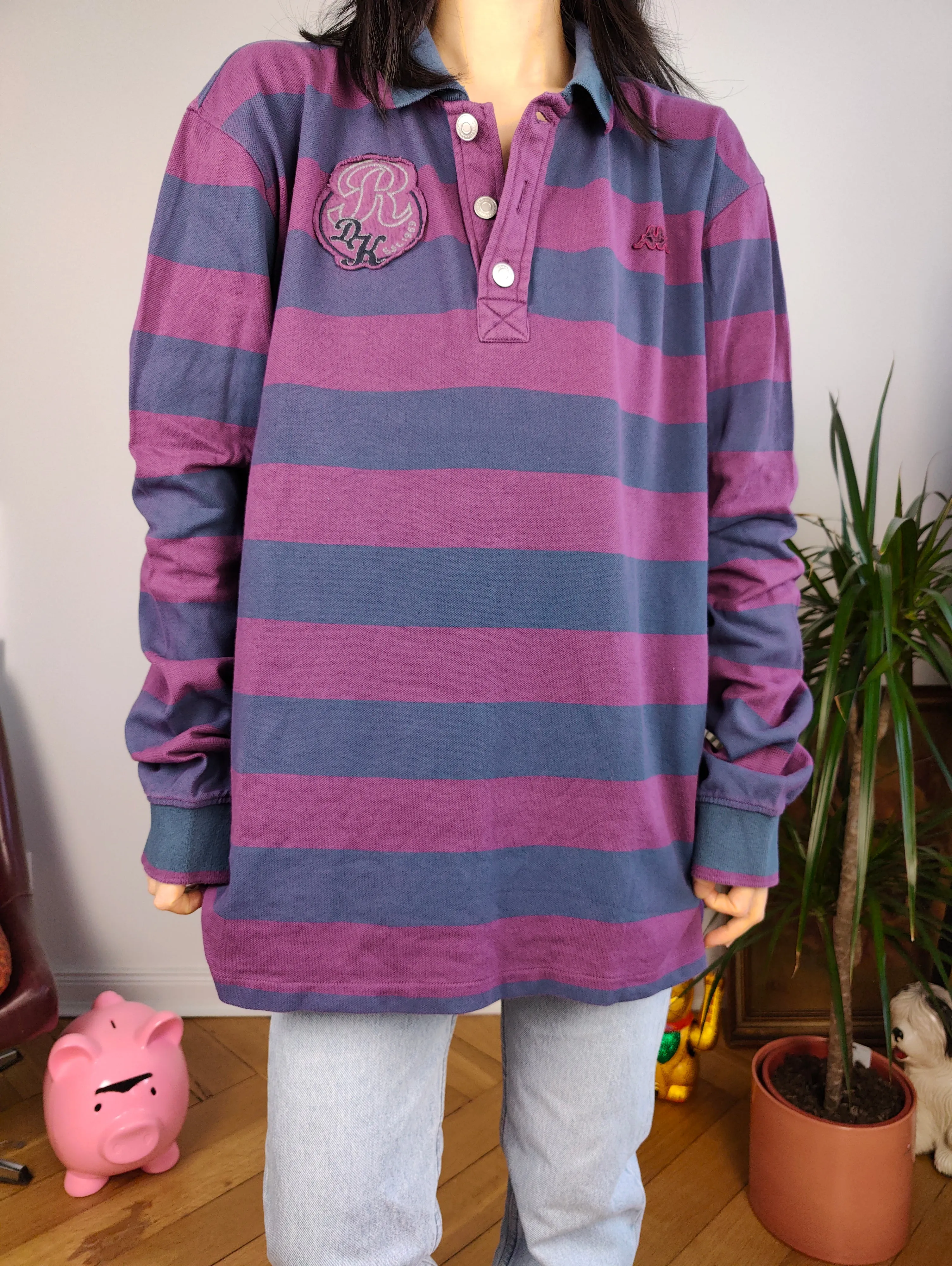 Vintage Robe di Kappa polo shirt long sleeve purple blue stripe pattern rugby sweatshirt women unisex men L-XL