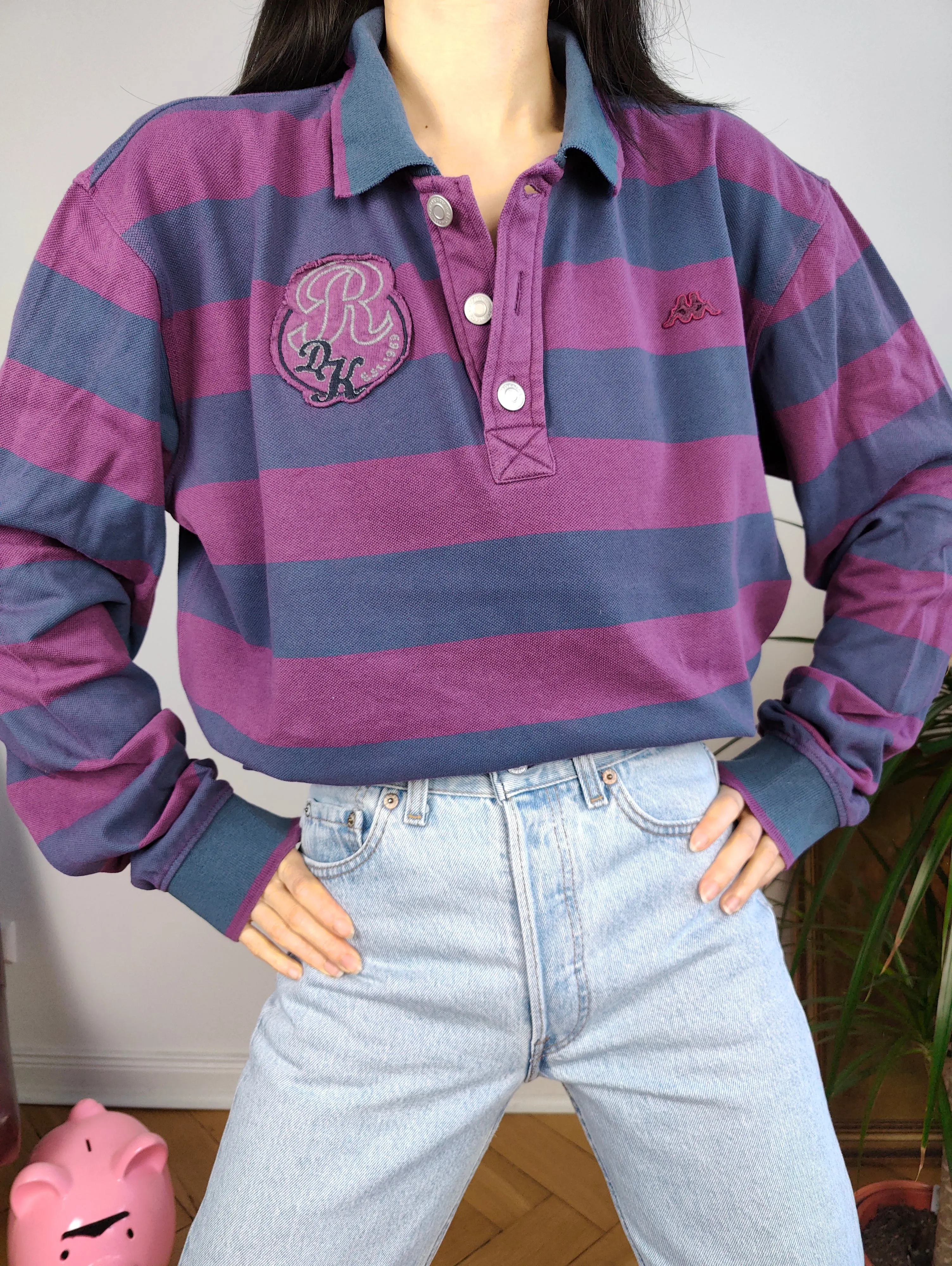 Vintage Robe di Kappa polo shirt long sleeve purple blue stripe pattern rugby sweatshirt women unisex men L-XL