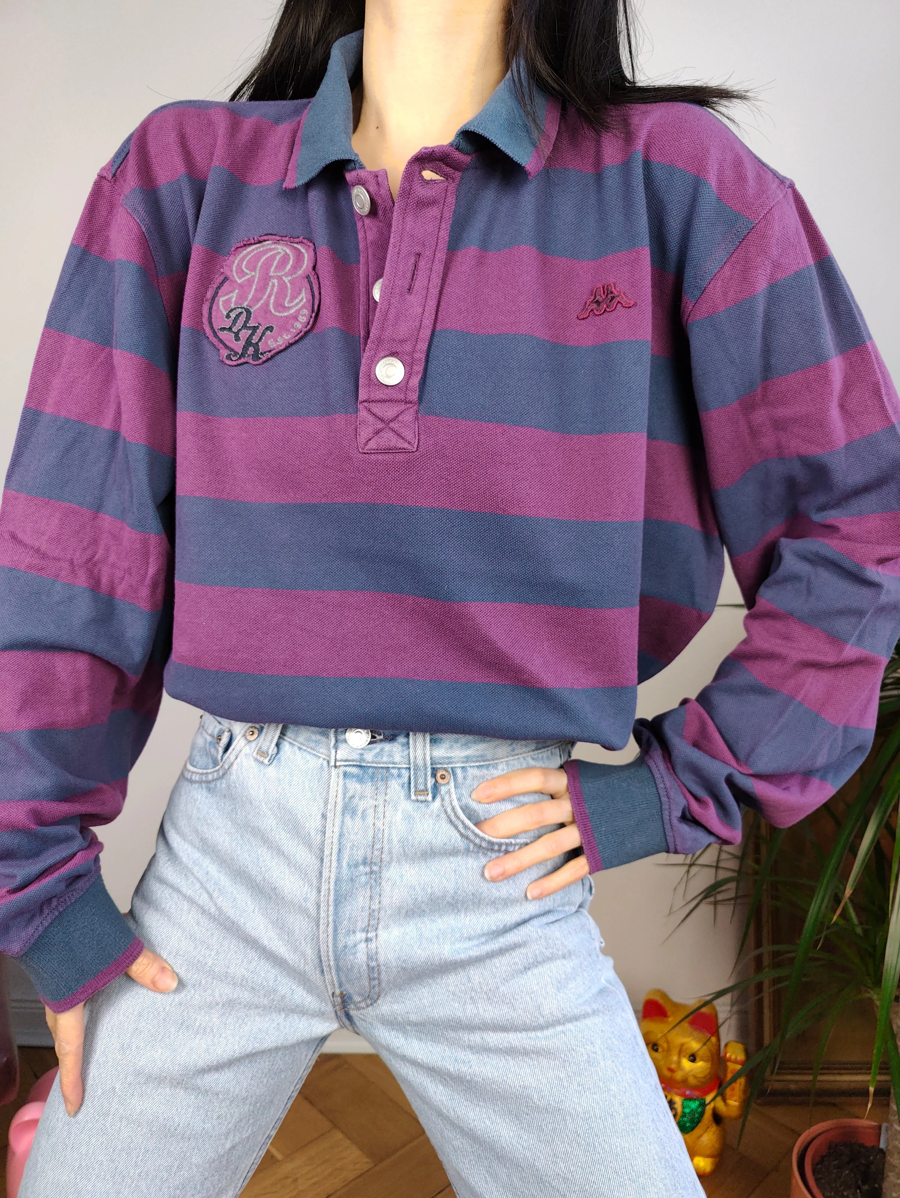 Vintage Robe di Kappa polo shirt long sleeve purple blue stripe pattern rugby sweatshirt women unisex men L-XL