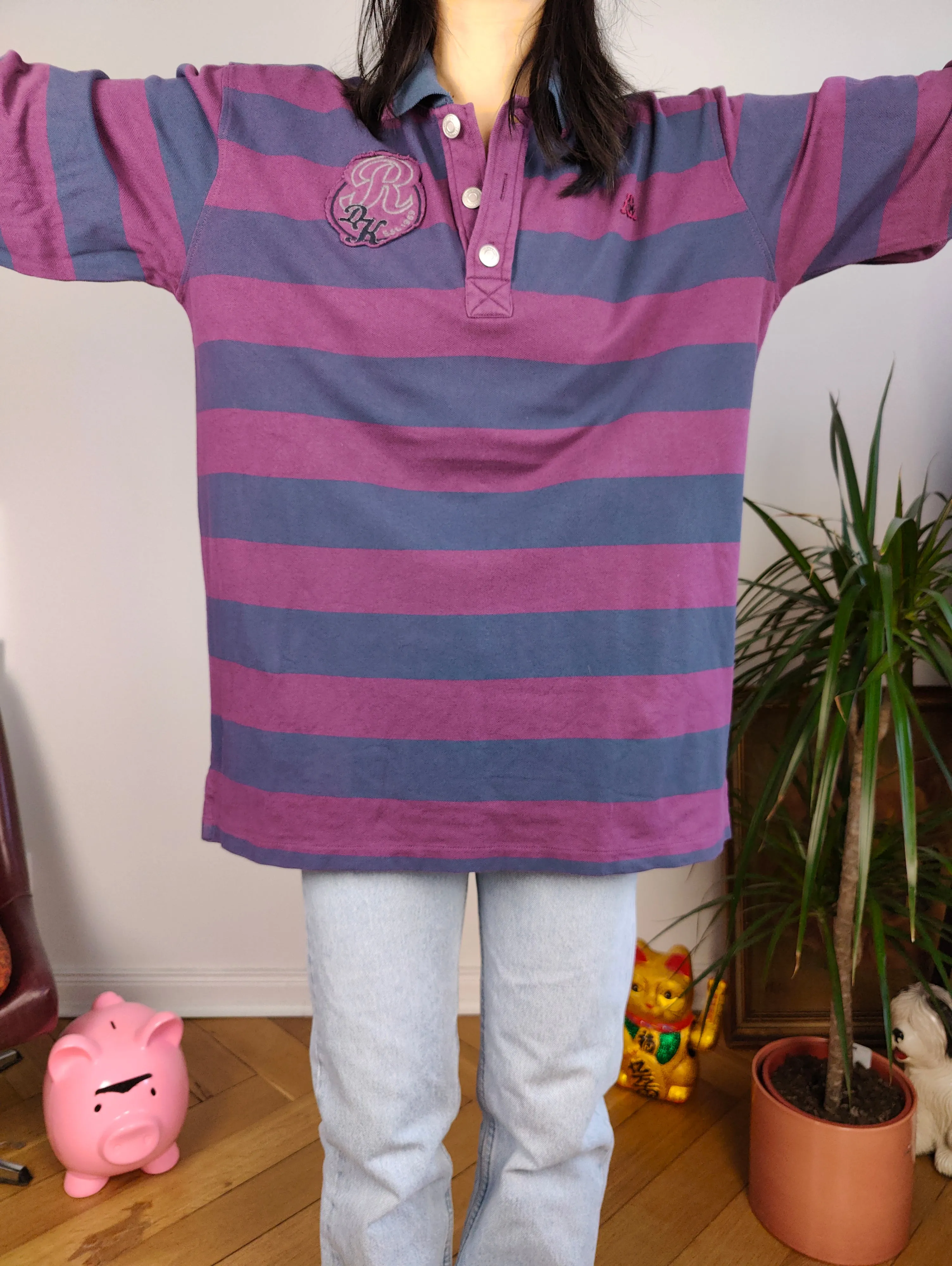 Vintage Robe di Kappa polo shirt long sleeve purple blue stripe pattern rugby sweatshirt women unisex men L-XL