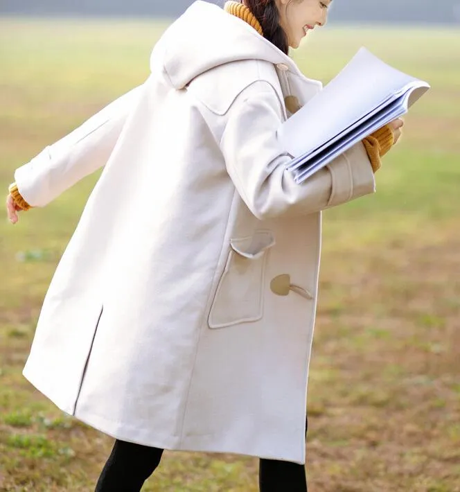 White Loose Horn Button Women Coat Winter Wool Coat Plus Size Coat