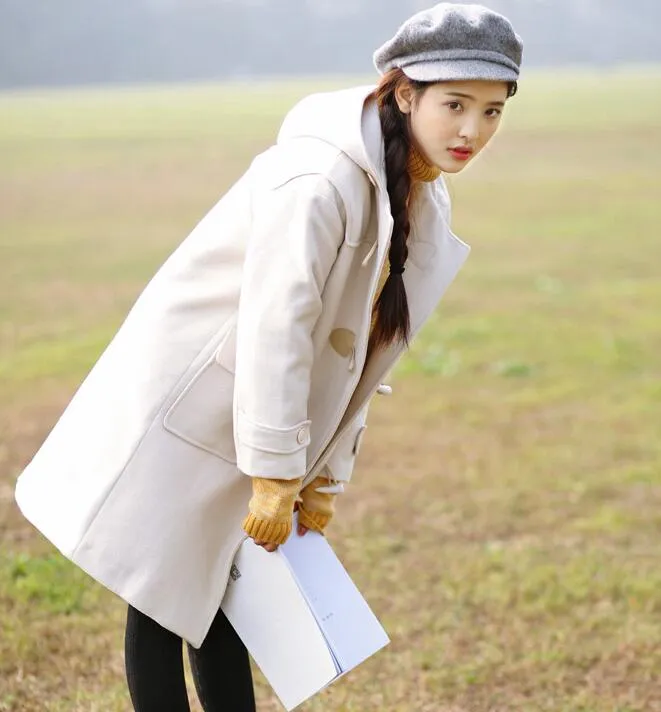 White Loose Horn Button Women Coat Winter Wool Coat Plus Size Coat