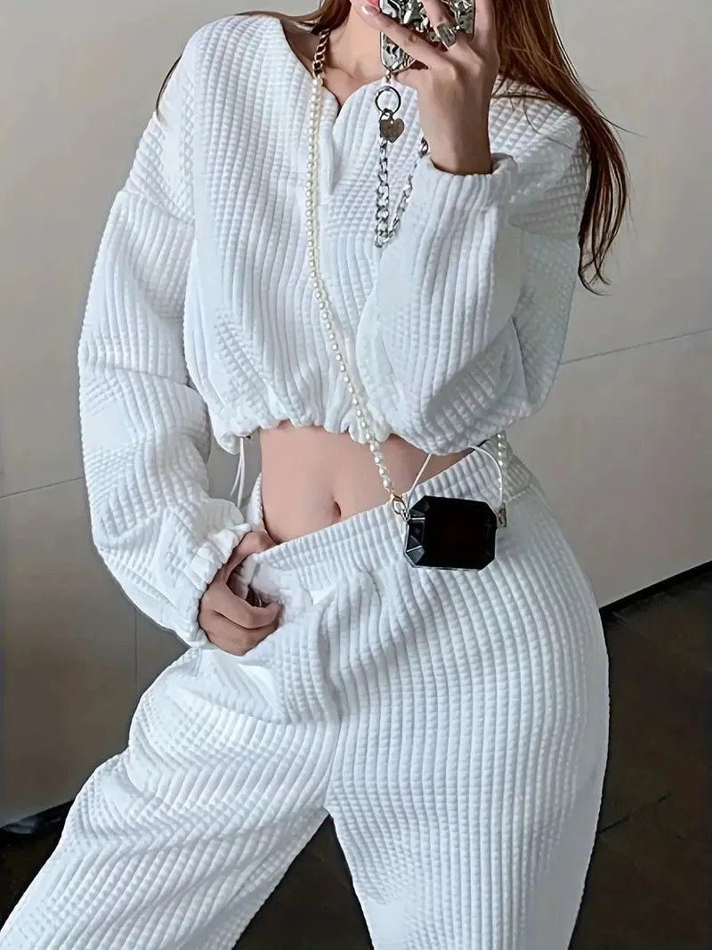White Textured Crew Neck Drawstring Sweatshirt