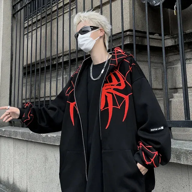 Wiaofellas Men Y2K Spider Hooded Coat Mens Autumn Embroidery Casual Jacket 320gsm Male Zip Up Sweatshirt Hip Hop Streetwear Oversize Coats