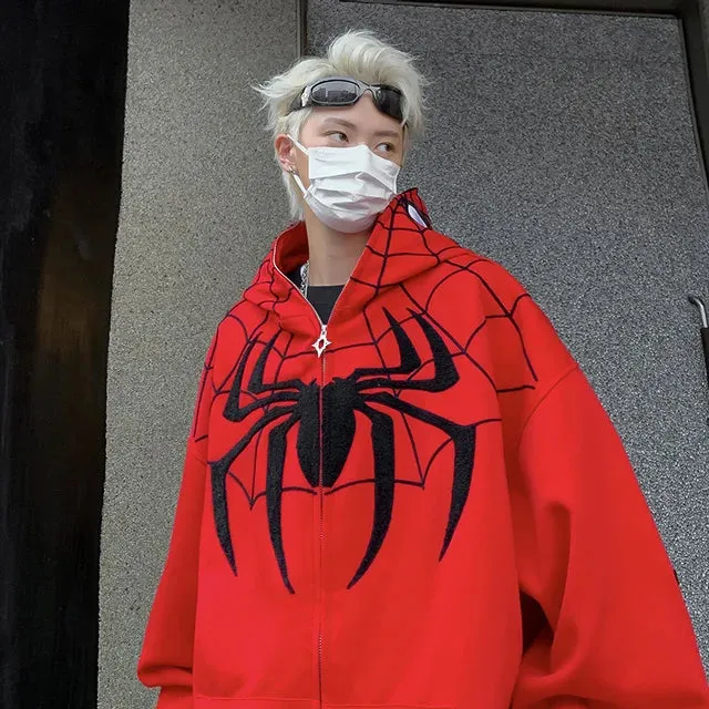 Wiaofellas Men Y2K Spider Hooded Coat Mens Autumn Embroidery Casual Jacket 320gsm Male Zip Up Sweatshirt Hip Hop Streetwear Oversize Coats