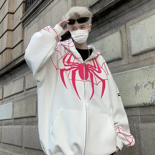 Wiaofellas Men Y2K Spider Hooded Coat Mens Autumn Embroidery Casual Jacket 320gsm Male Zip Up Sweatshirt Hip Hop Streetwear Oversize Coats