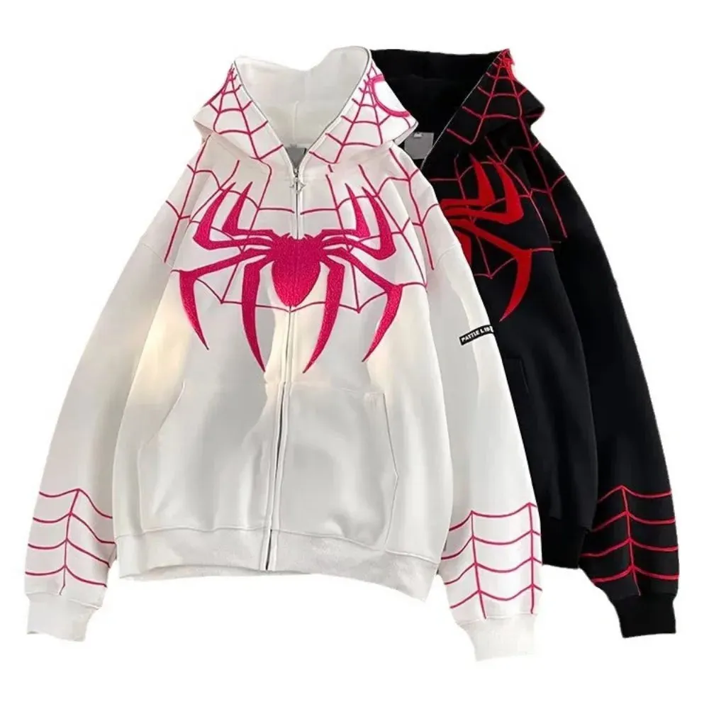 Wiaofellas Men Y2K Spider Hooded Coat Mens Autumn Embroidery Casual Jacket 320gsm Male Zip Up Sweatshirt Hip Hop Streetwear Oversize Coats