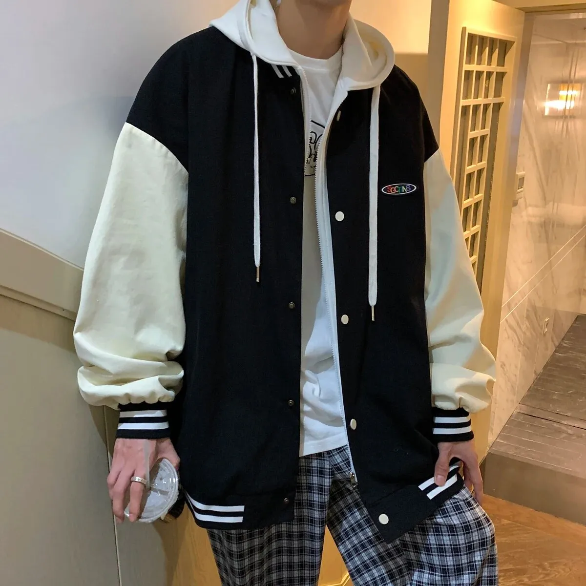 Wiaofellas Spring Autumn Color Splicing Fake Two men's Fashion Jacket Casual Hooded Unisex Baggy Couple Coat Chic Travel Sweatshirt For Men