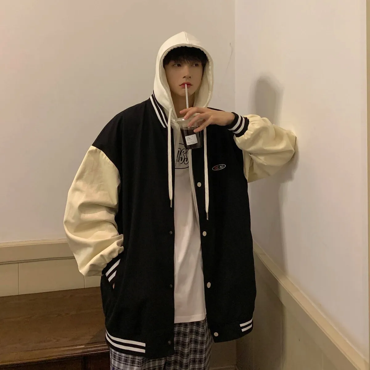 Wiaofellas Spring Autumn Color Splicing Fake Two men's Fashion Jacket Casual Hooded Unisex Baggy Couple Coat Chic Travel Sweatshirt For Men