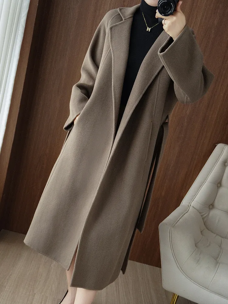 Women Wool Coat, Double-Sided Cashmere Coat Women's Long Over-The-Knee Wool Coat