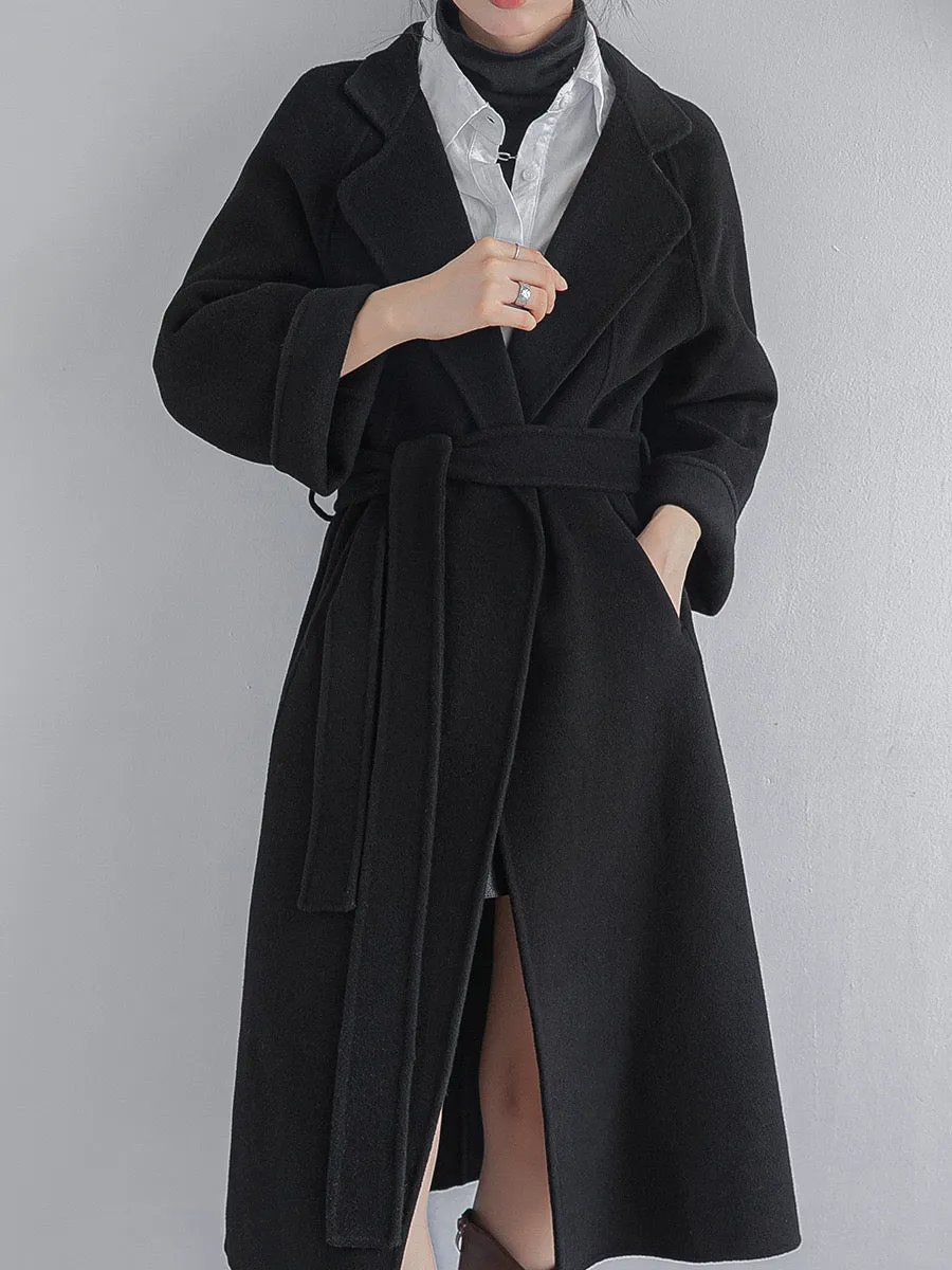 Women Wool Coat, Double-Sided Cashmere Coat Women's Long Over-The-Knee Wool Coat