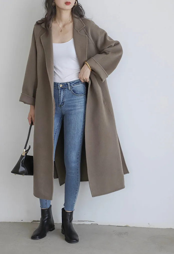 Women Wool Coat, Double-Sided Cashmere Coat Women's Long Over-The-Knee Wool Coat