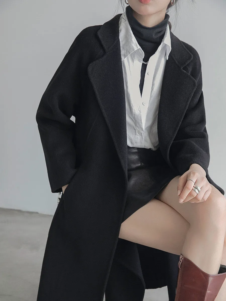 Women Wool Coat, Double-Sided Cashmere Coat Women's Long Over-The-Knee Wool Coat