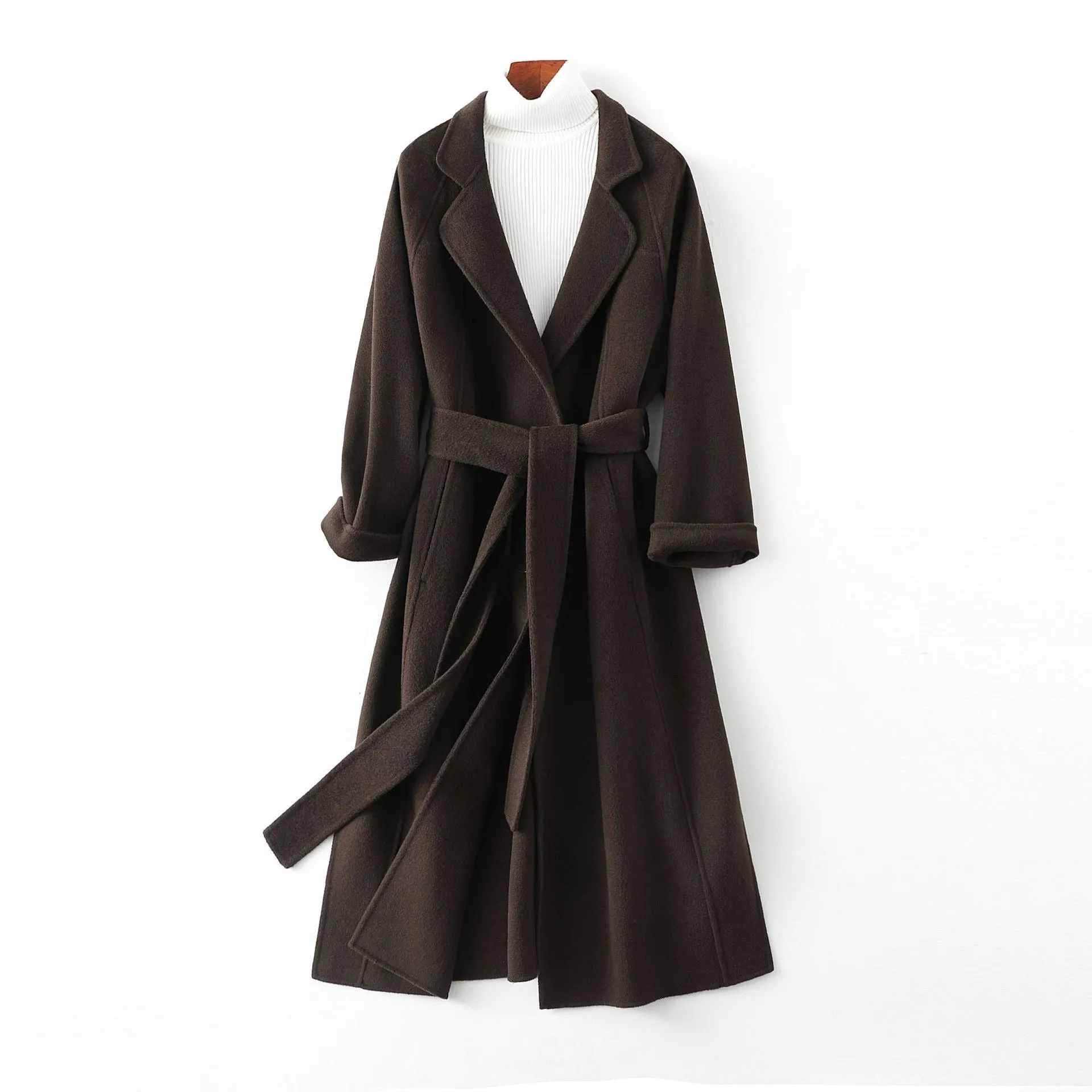 Women Wool Coat, Double-Sided Cashmere Coat Women's Long Over-The-Knee Wool Coat