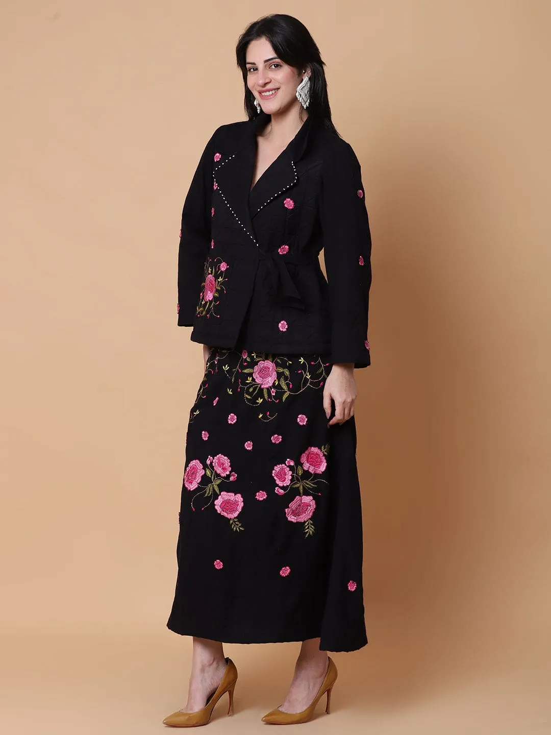 Woolen Skirt & Top Set - Black
